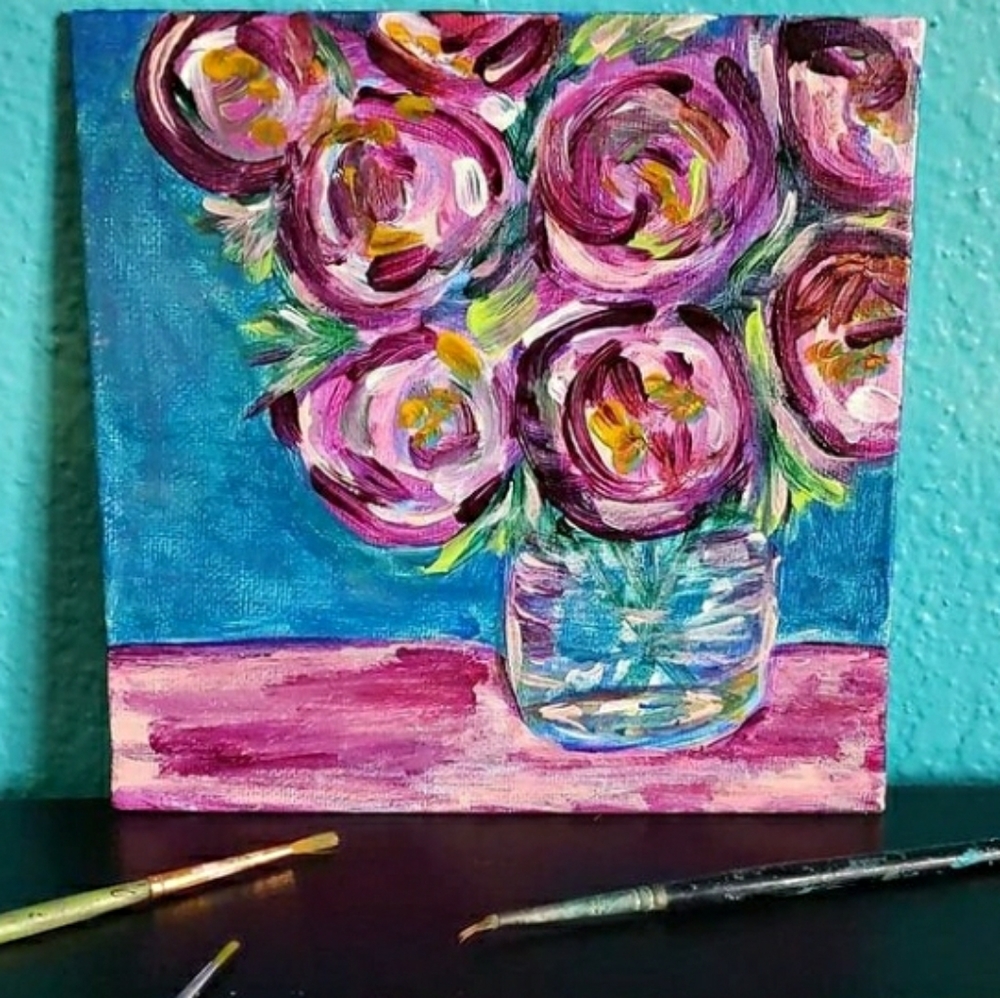 Original OOAK pink roses painting 6"x6" on canvas board